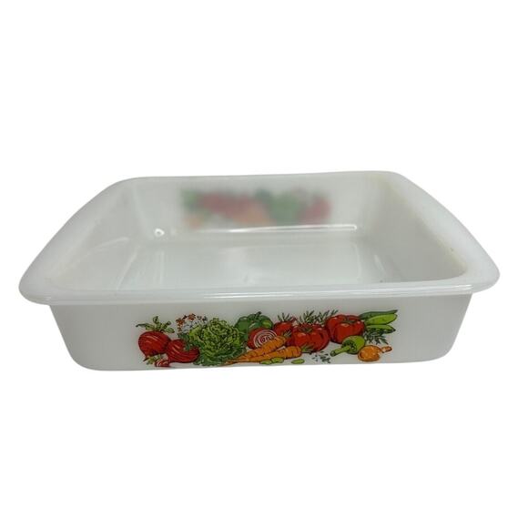 bake Vtg Square Casserole Dish Vegetable Pattern Milk Glass 1969 Retro - Picture 1 of 6